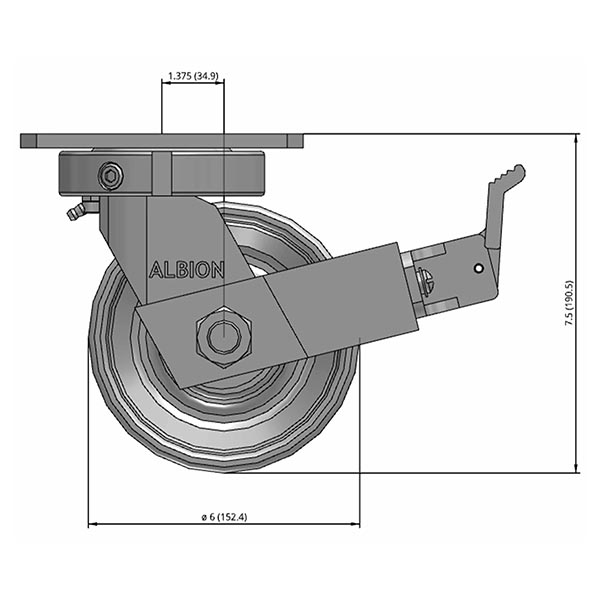 Side view drawing of caster with dimensions